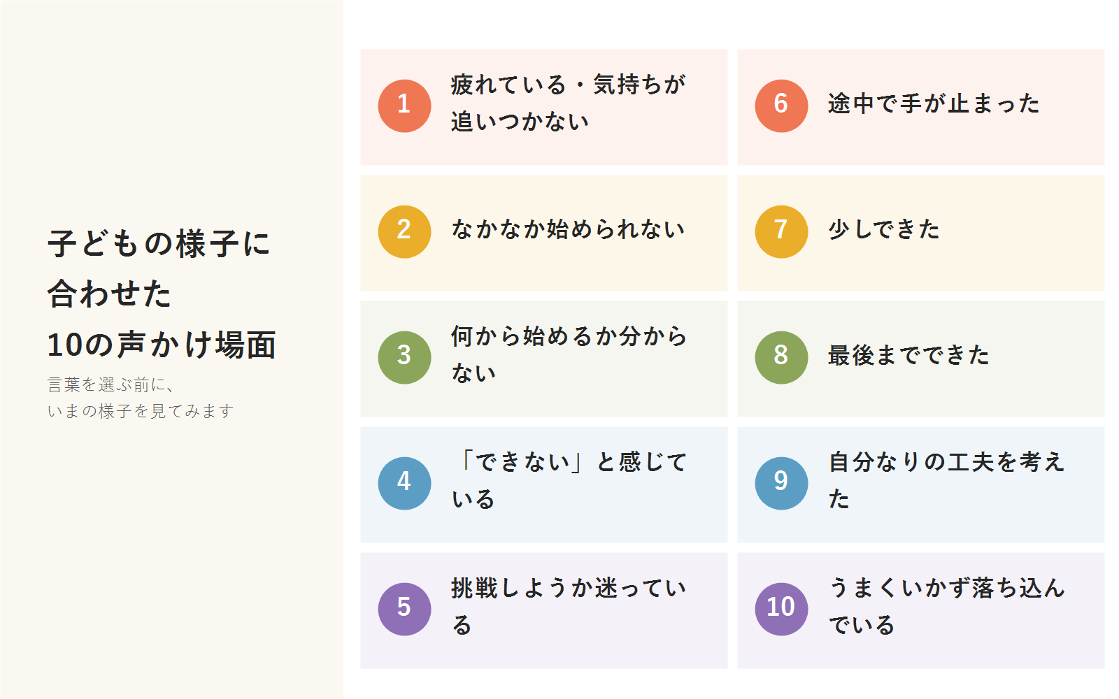 子どもの様子に合わせた10の声かけ場面